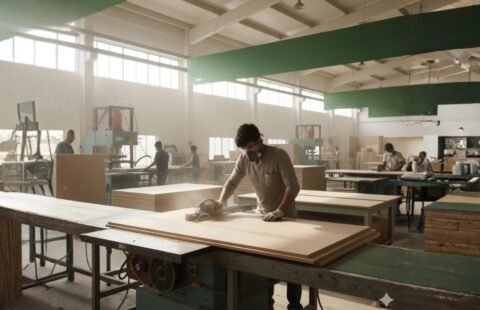 A worker cutting Bagasse particle boards inside a modern furniture manufacturing factory in Rajasthan, showcasing sustainable and eco-friendly board production.