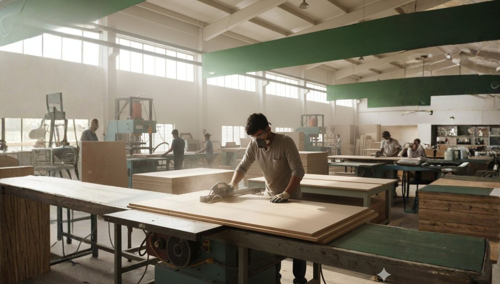 A worker cutting Bagasse particle boards inside a modern furniture manufacturing factory in Rajasthan, showcasing sustainable and eco-friendly board production.