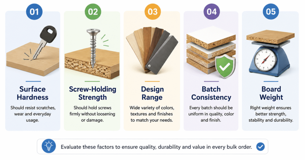 This infographic details five key material quality factors: surface hardness, screw-holding strength, design range, batch consistency, and board weight. A concluding statement outlines the value of bulk-order material selection.