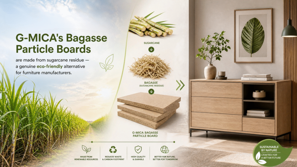 Infographic for G-MICA’s eco-friendly bagasse particle boards made from sugarcane residue. The left features a sugarcane field with product text; the right shows a modern living space with a wooden dresser. A central diagram illustrates the production journey from sugarcane stalks and bagasse fiber to finished boards. Sustainability icons at the bottom highlight benefits like renewable resources, reduced carbon footprint, and high durability.