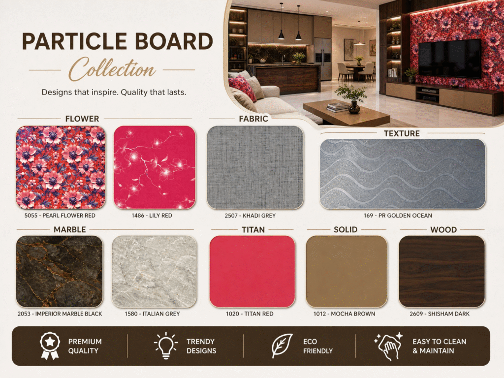 GMica Prelam particle board collection catalog showcasing design swatches in Flower, Fabric, Texture, Marble, Titan, Solid, and Wood grain finishes alongside a modern living room interior.
