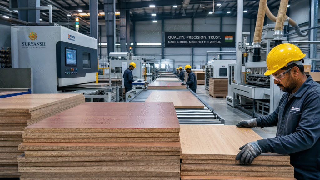 Automated manufacturing facility of GMica Prelam particle board manufacturer in Surat, Gujarat, showing workers inspecting finished laminated woodchip boards on a conveyor line.