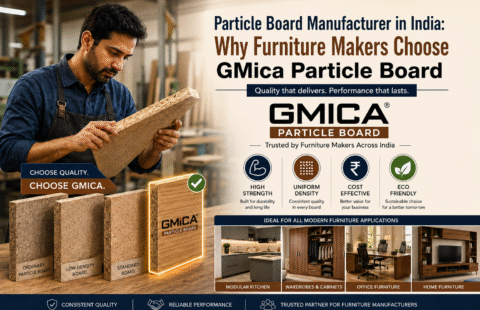 Furniture maker inspecting GMica particle board with examples of modular kitchen, wardrobe, office furniture, and home furniture showcasing why furniture manufacturers in India choose GMica particle board.
