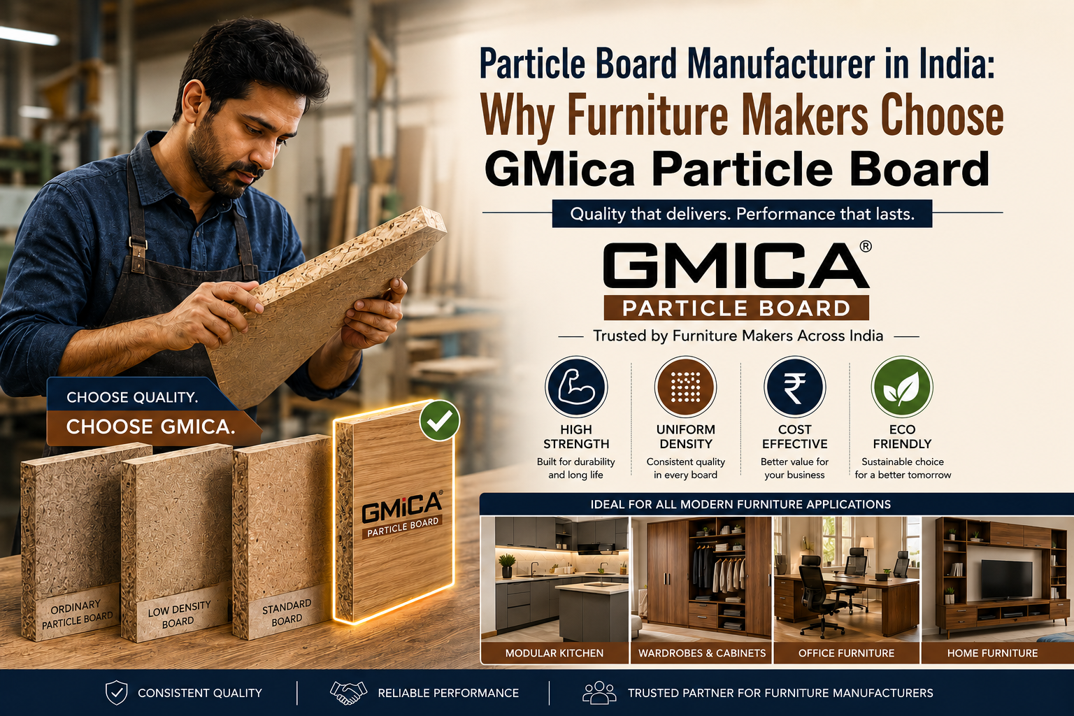 Furniture maker inspecting GMica particle board with examples of modular kitchen, wardrobe, office furniture, and home furniture showcasing why furniture manufacturers in India choose GMica particle board.