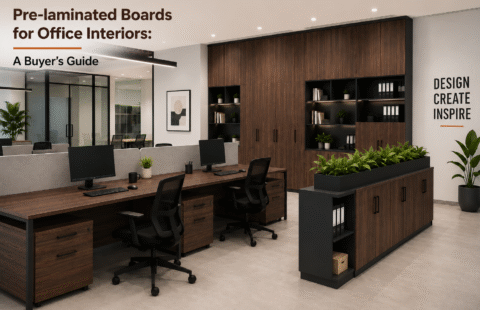 Modern office interior featuring workstations, storage cabinets, and furniture finished in 1514 Pine Wood Dark pre-laminated particle boards for office interiors.