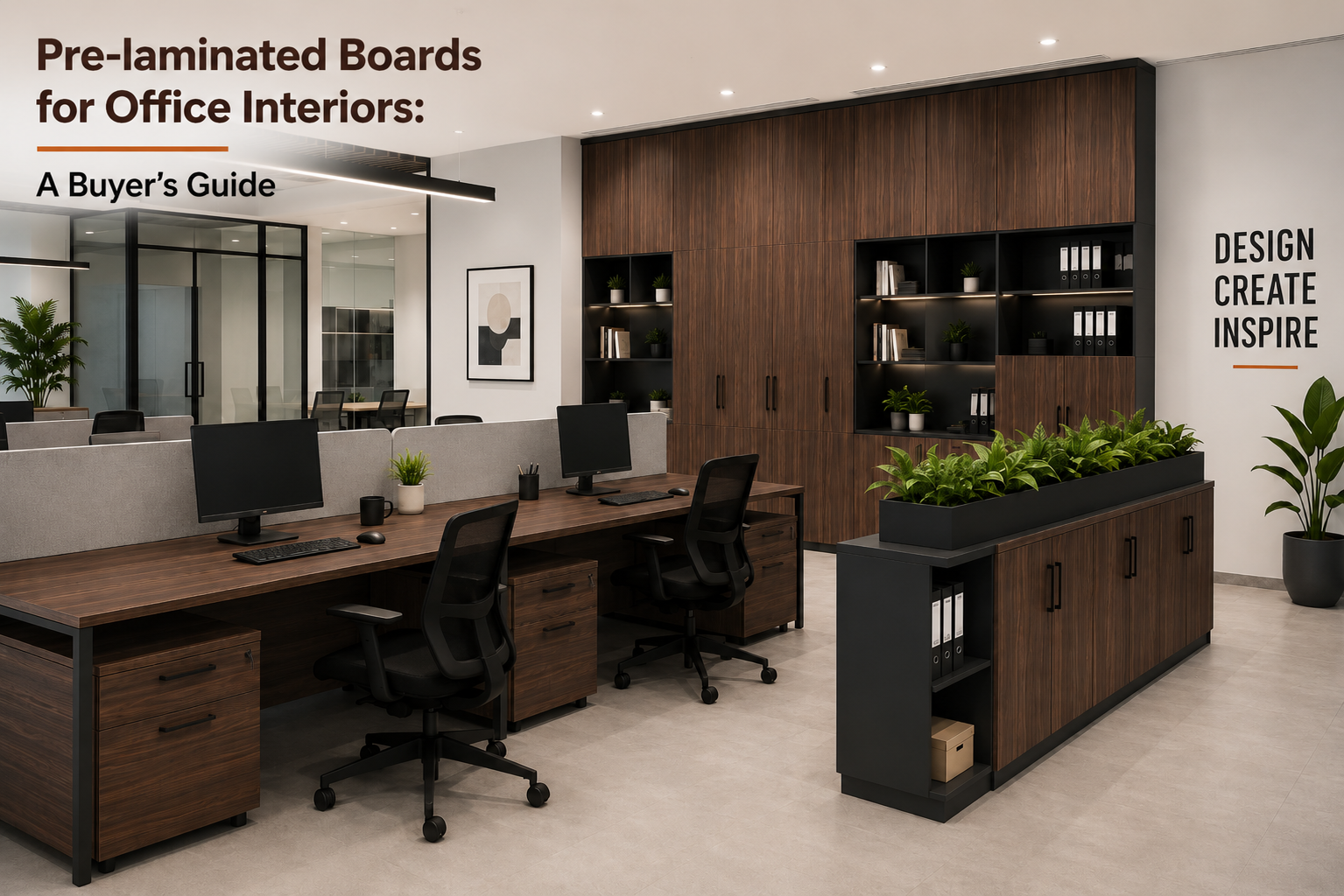 Modern office interior featuring workstations, storage cabinets, and furniture finished in 1514 Pine Wood Dark pre-laminated particle boards for office interiors.